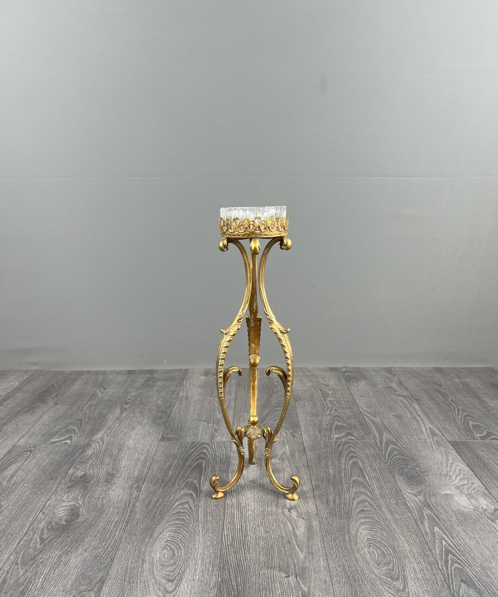 Standing Ashtray In Gilt Bronze And Crystal, 20th Century
