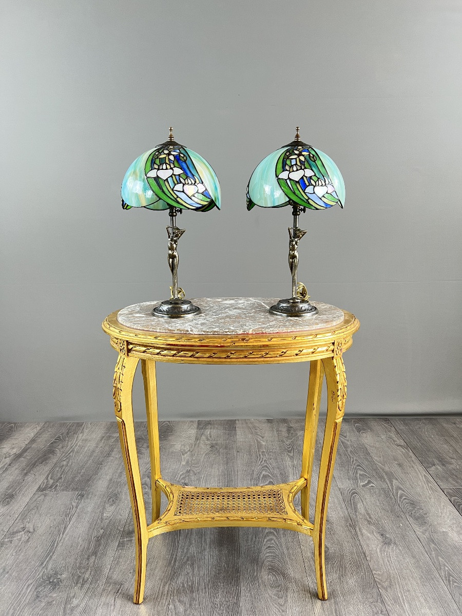 Pair Of Tiffany-style Lamps, 20th Century-photo-2