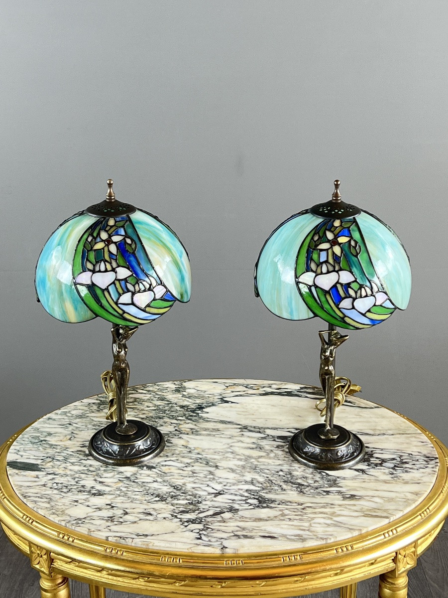 Pair Of Tiffany-style Lamps, 20th Century-photo-5