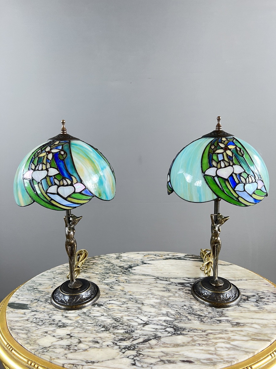 Pair Of Tiffany-style Lamps, 20th Century-photo-7