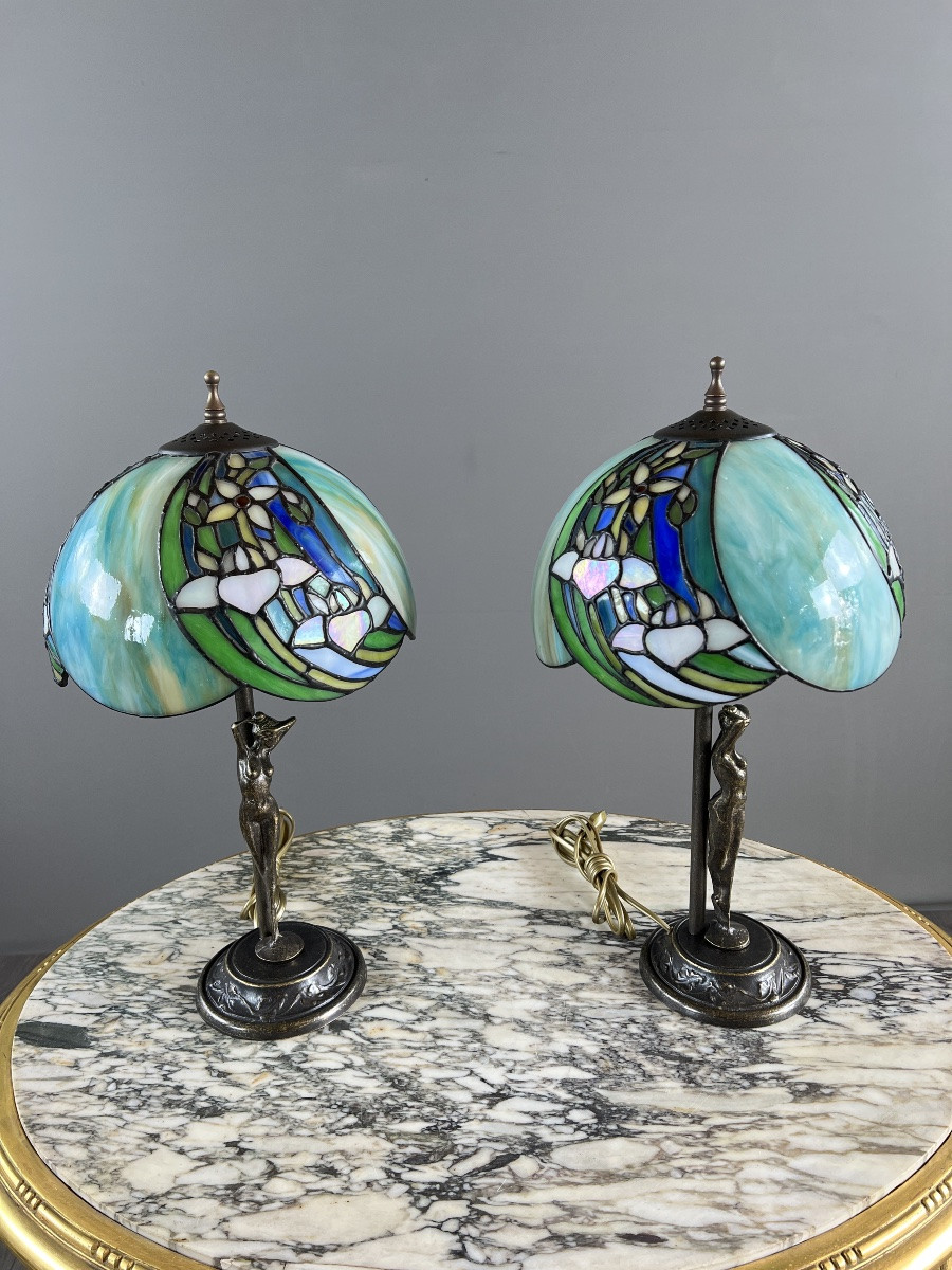 Pair Of Tiffany-style Lamps, 20th Century-photo-8