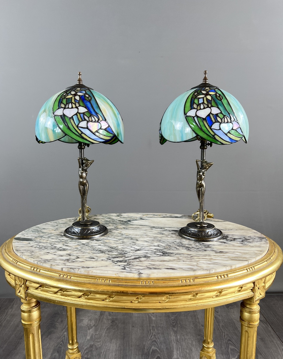 Pair Of Tiffany-style Lamps, 20th Century