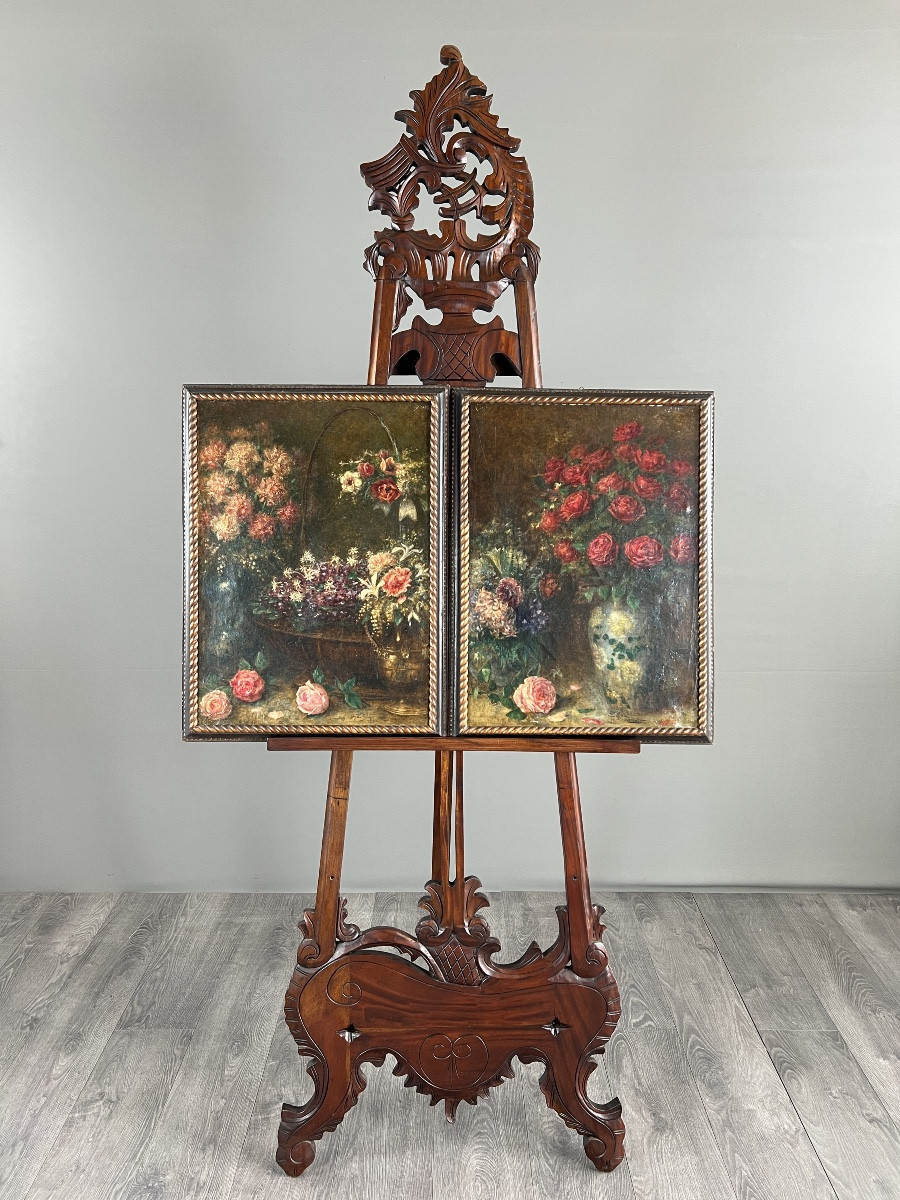 Tableaux, Paire de natures mortes aux fleurs, huiles sur toile, Angelo Zoffoli (1860–1910)