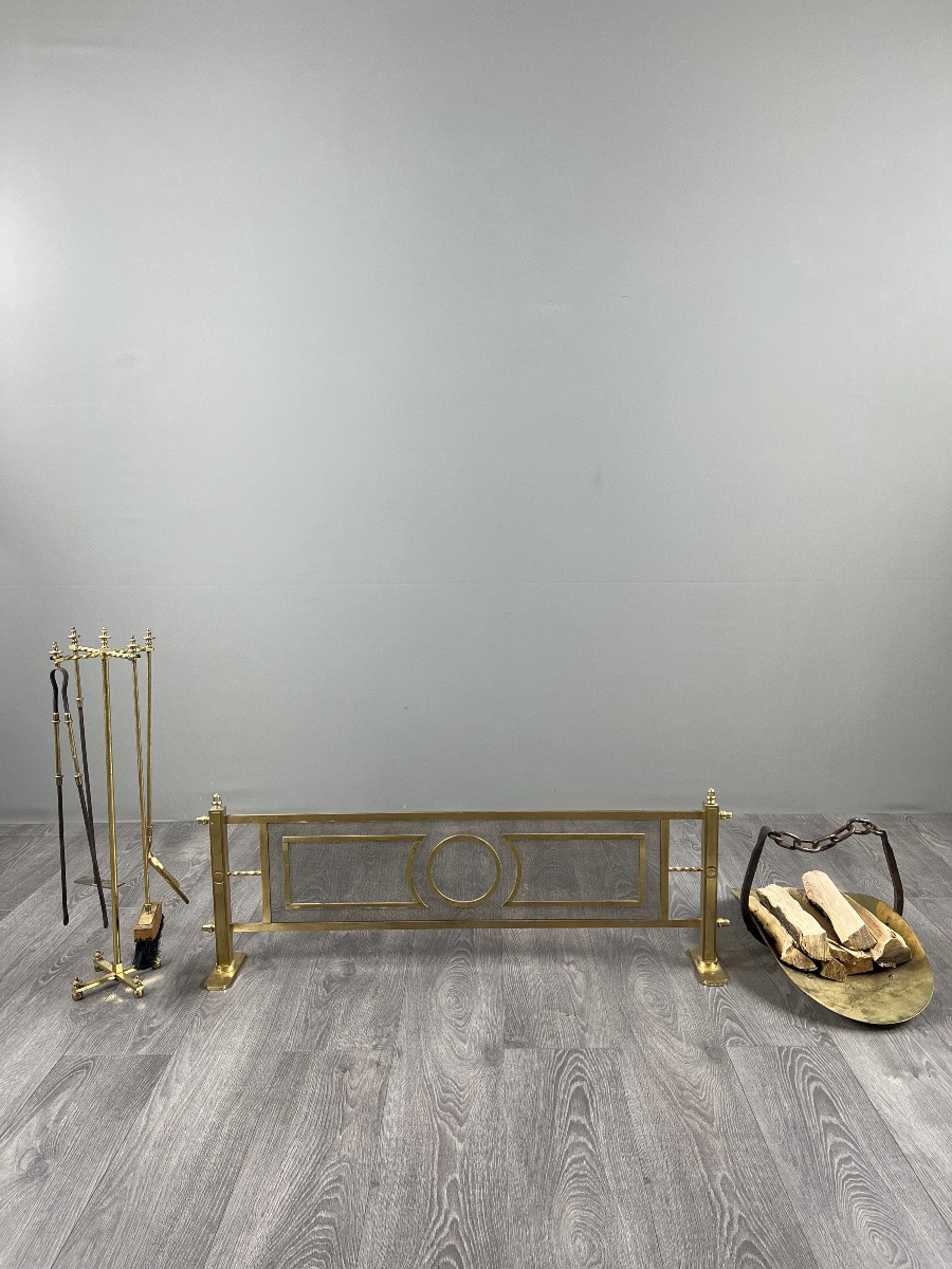 Brass Fireplace Set, Louis XVI Style, Fire Screen, Mantelpiece And Log Holder, 20th Century-photo-3