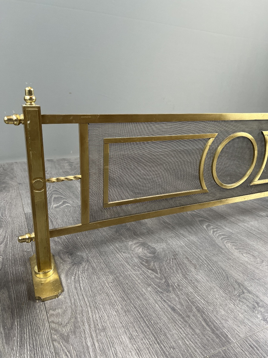 Brass Fireplace Set, Louis XVI Style, Fire Screen, Mantelpiece And Log Holder, 20th Century-photo-4