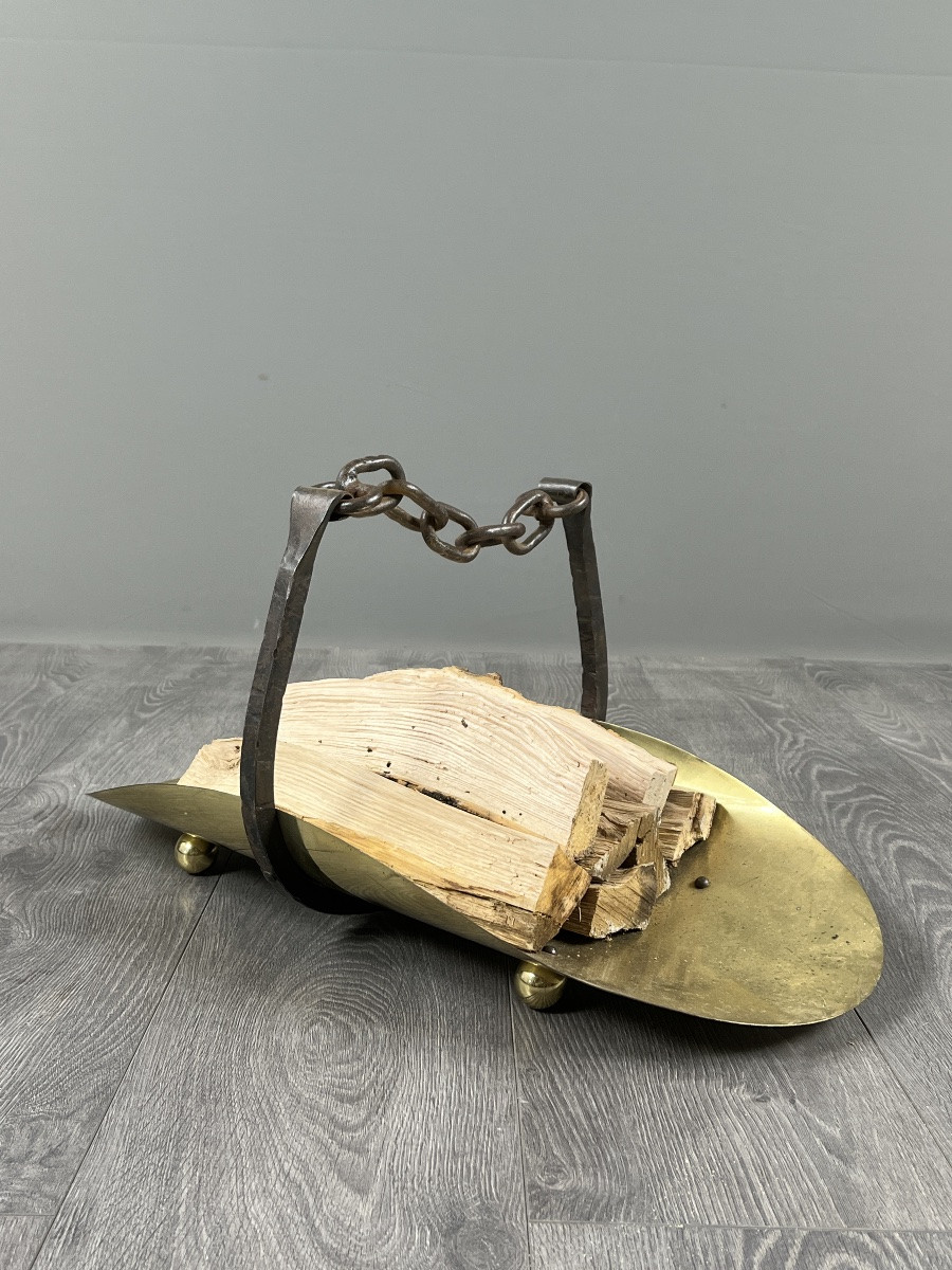 Brass Fireplace Set, Louis XVI Style, Fire Screen, Mantelpiece And Log Holder, 20th Century-photo-2