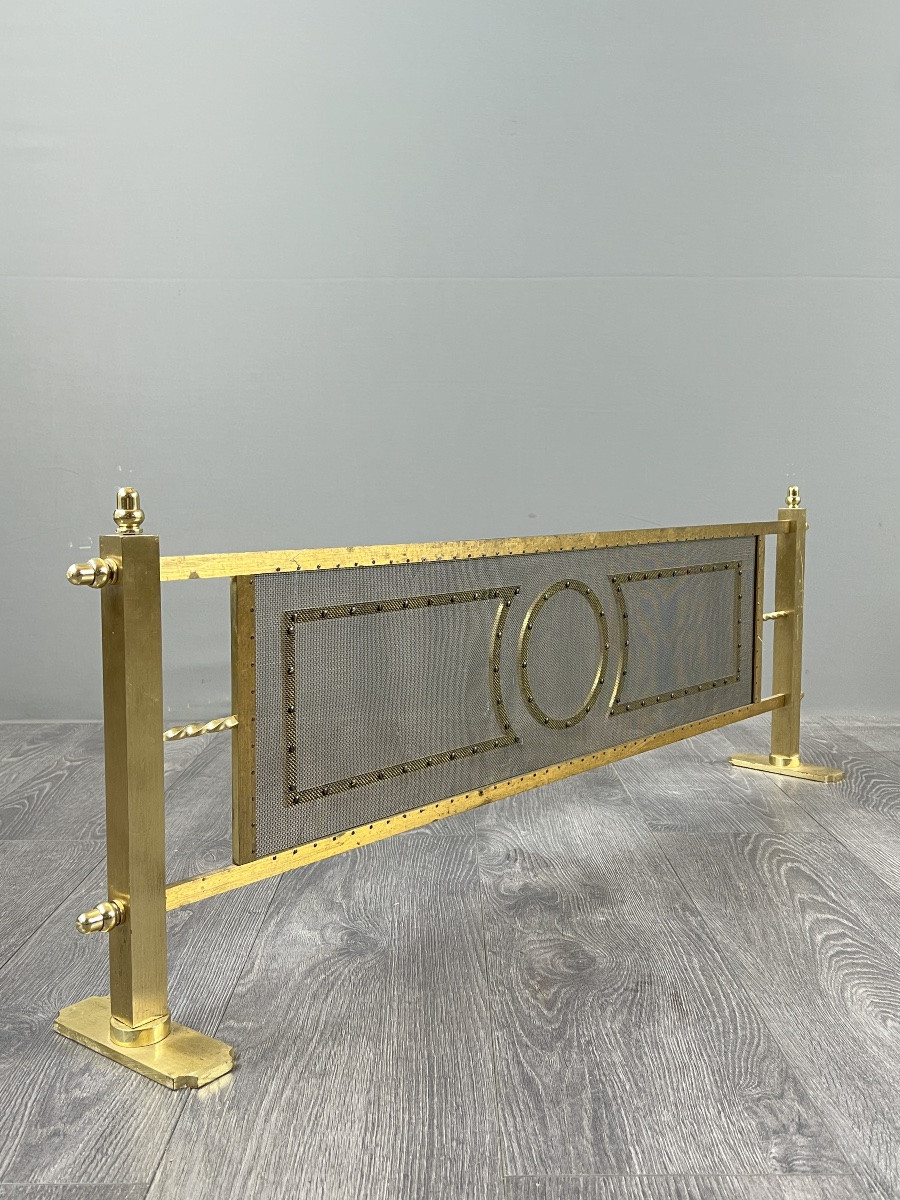Brass Fireplace Set, Louis XVI Style, Fire Screen, Mantelpiece And Log Holder, 20th Century-photo-3