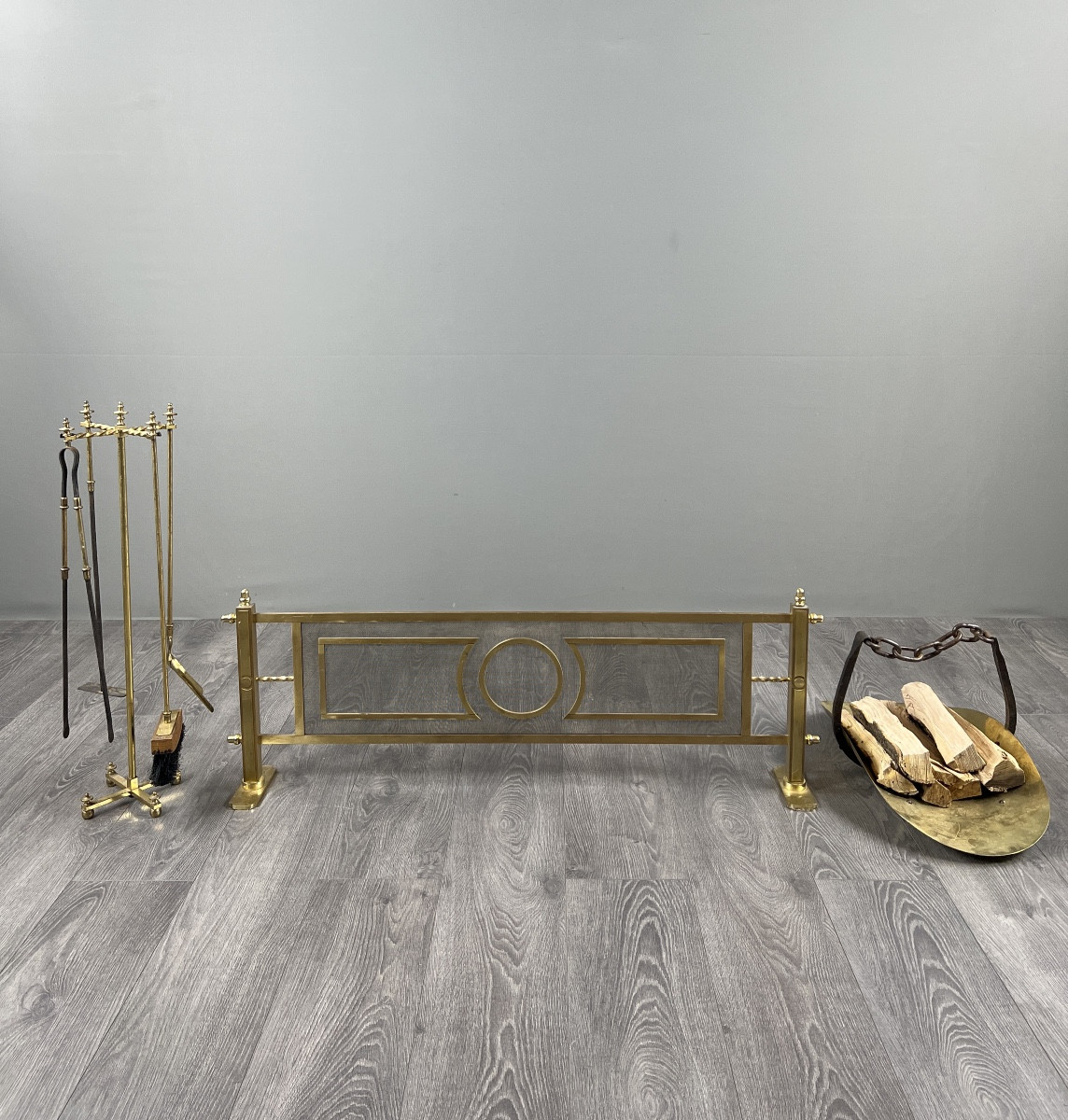 Brass Fireplace Set, Louis XVI Style, Fire Screen, Mantelpiece And Log Holder, 20th Century