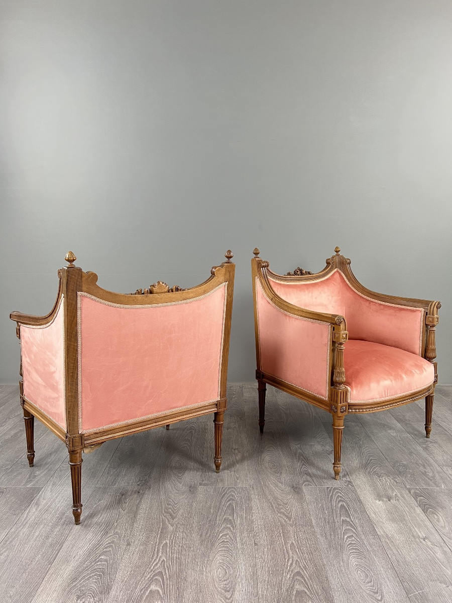 Paire de fauteuils bergères de style Louis XVI en bois sculpté, velours, XXe Siècle-photo-4