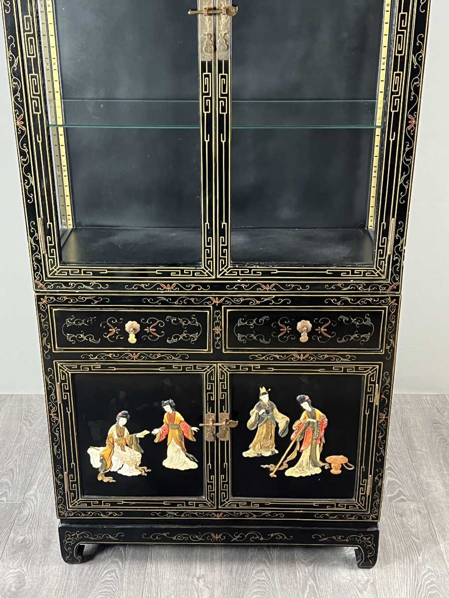 Vitrine chinoise laquée noire à décor de personnages, XXe siècle-photo-4