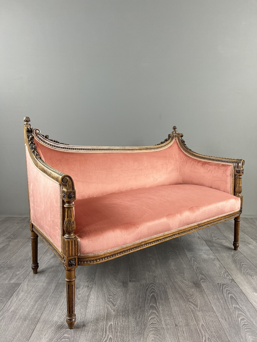 Louis XVI Style Sofa In Carved Wood And Velvet, 20th Century-photo-1