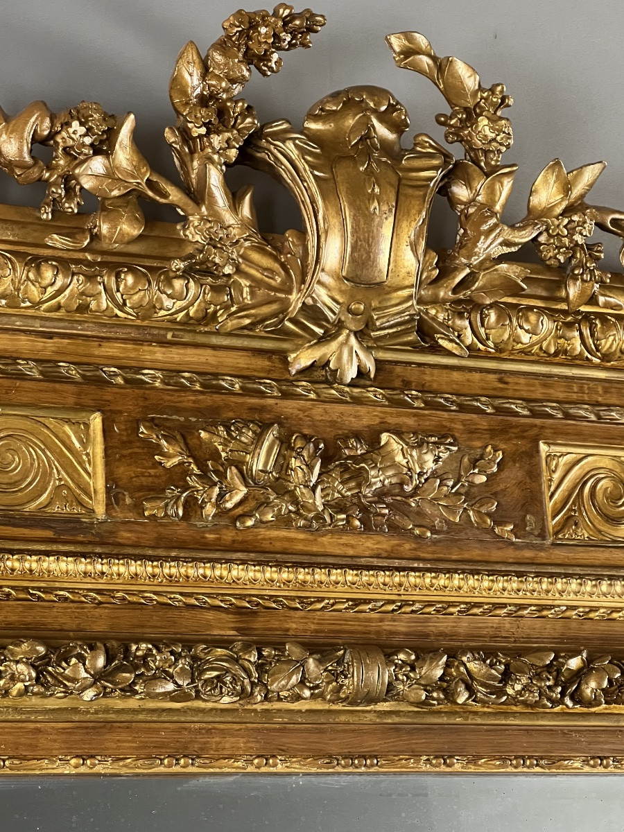 Grand miroir en bois doré de style Louis XVI à fronton sculpté, XIXe Siècle-photo-3