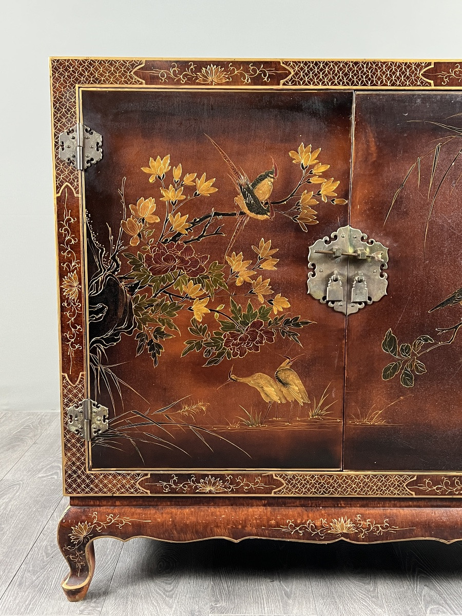 Lacquered Chinese Cabinet Decorated With Flowers And Birds, 20th Century-photo-4