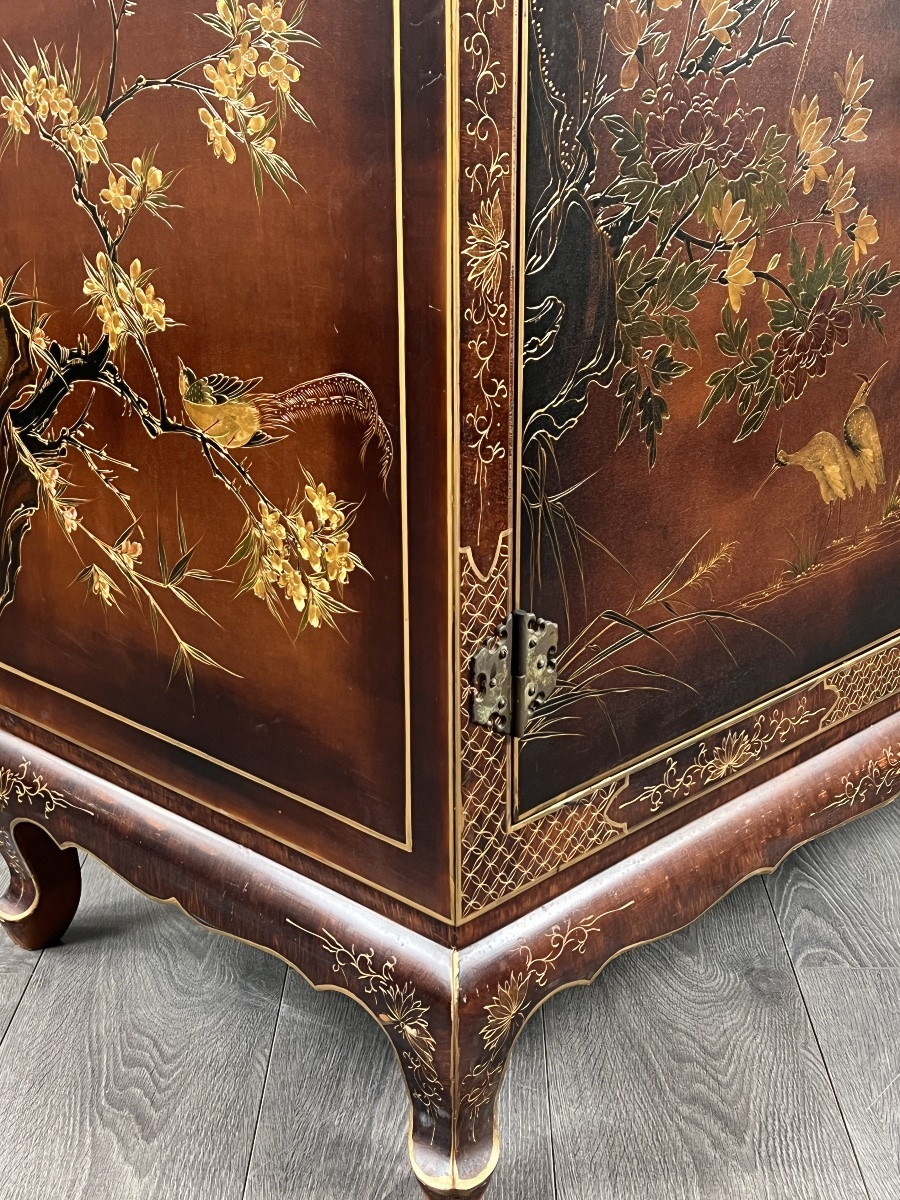 Lacquered Chinese Cabinet Decorated With Flowers And Birds, 20th Century-photo-2
