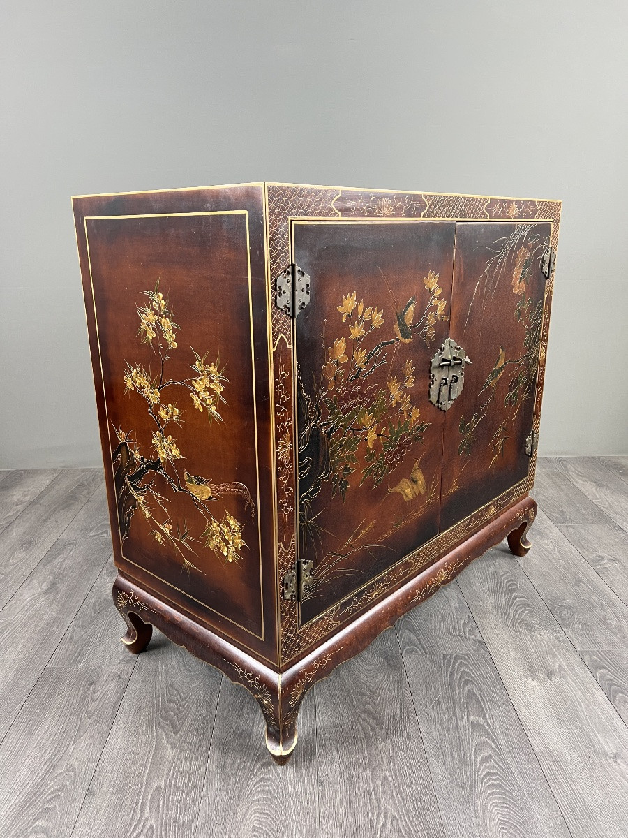 Lacquered Chinese Cabinet Decorated With Flowers And Birds, 20th Century-photo-3