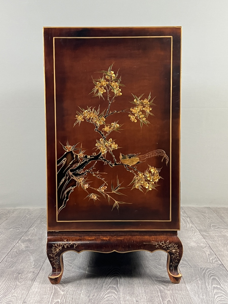 Lacquered Chinese Cabinet Decorated With Flowers And Birds, 20th Century-photo-4