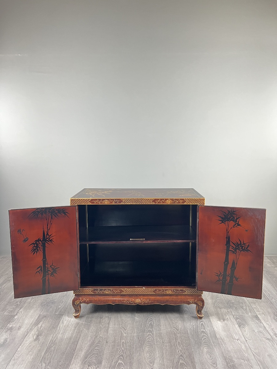 Lacquered Chinese Cabinet Decorated With Flowers And Birds, 20th Century-photo-5