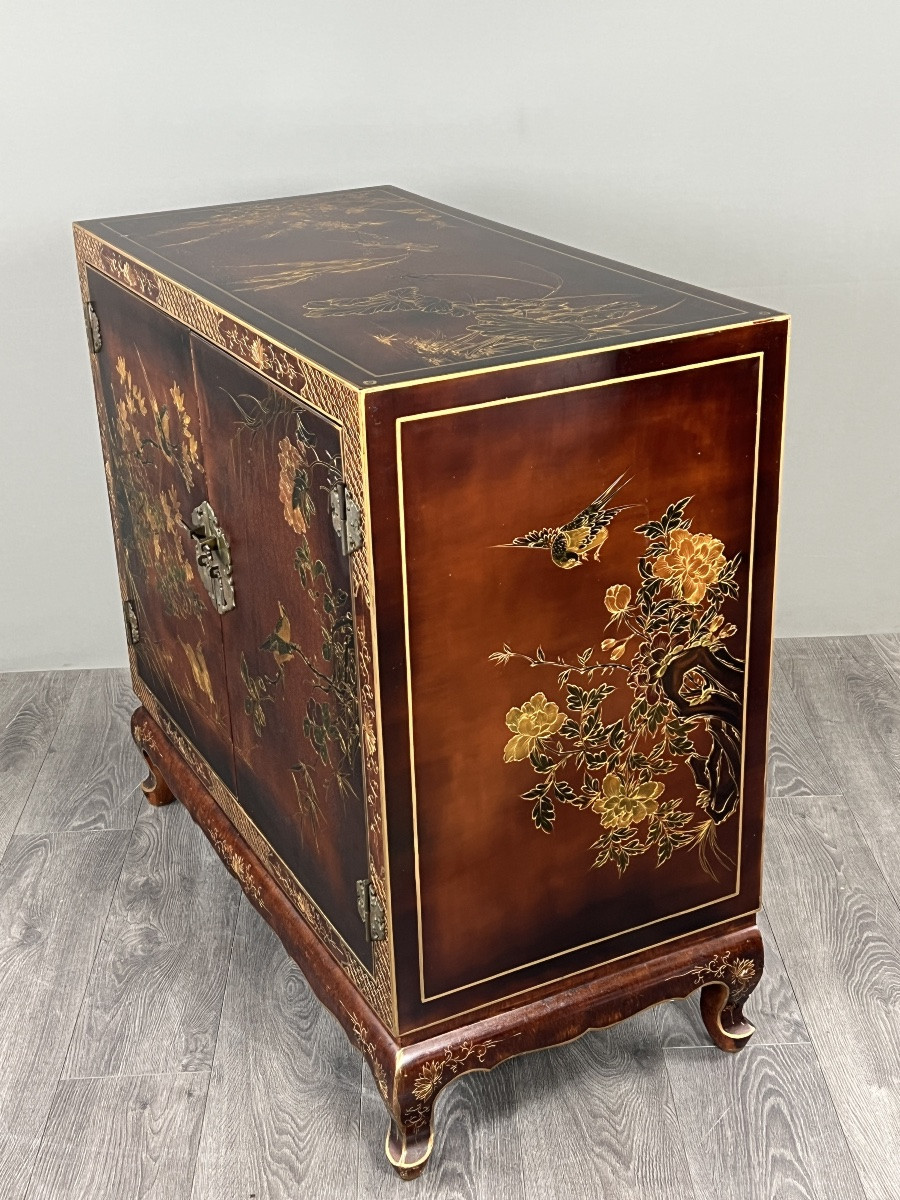 Lacquered Chinese Cabinet Decorated With Flowers And Birds, 20th Century-photo-7