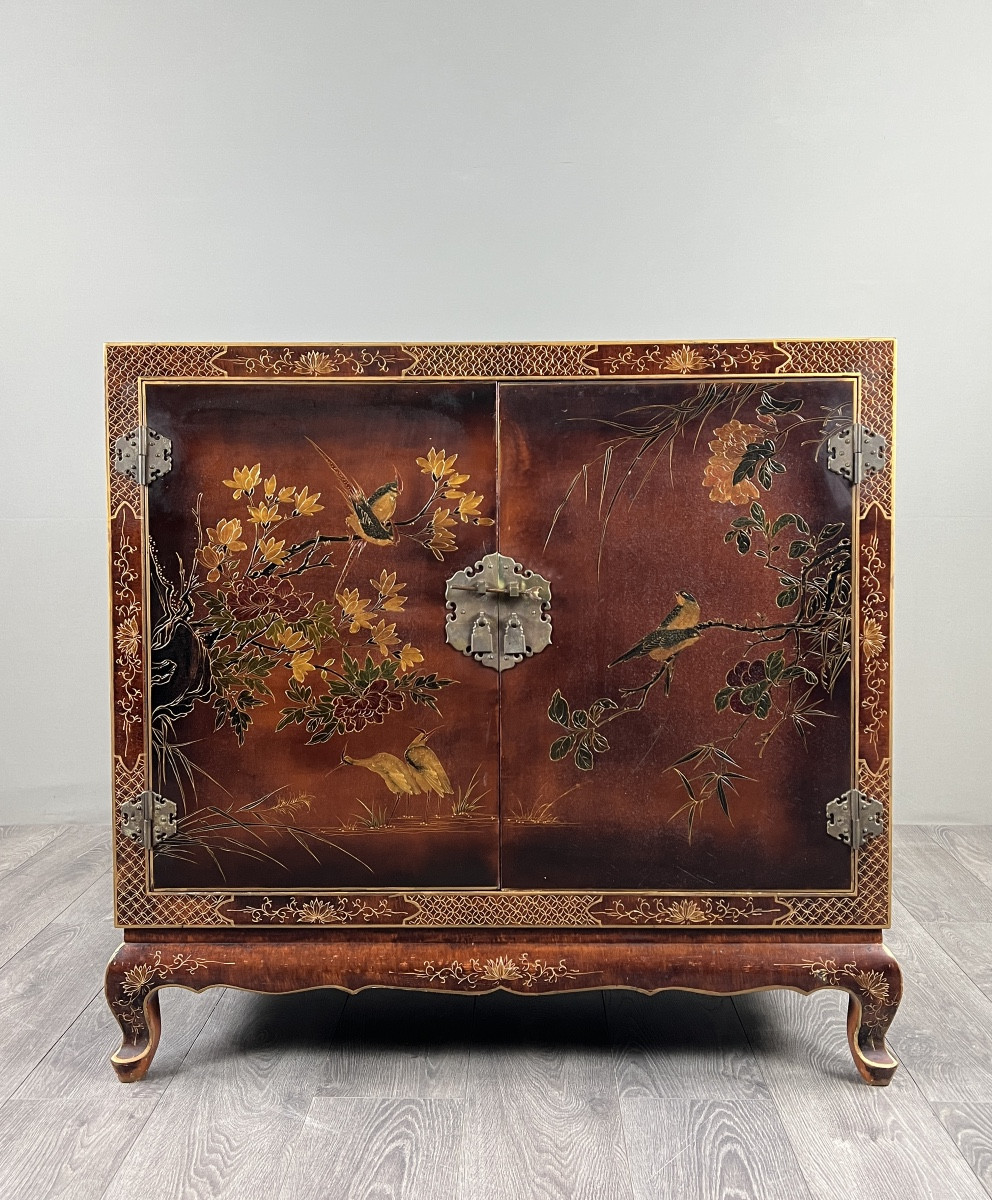 Lacquered Chinese Cabinet Decorated With Flowers And Birds, 20th Century