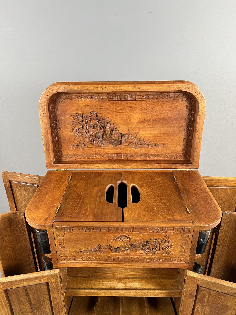 Carved Wood Bar Cabinet With Asian Decor, 20th Century-photo-4