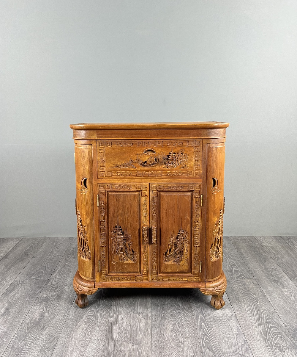 Carved Wood Bar Cabinet With Asian Decor, 20th Century