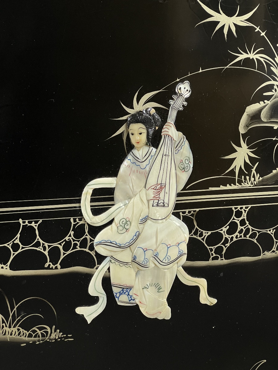 Meuble bar laqué noir à décor asiatique, XXe siècle-photo-2