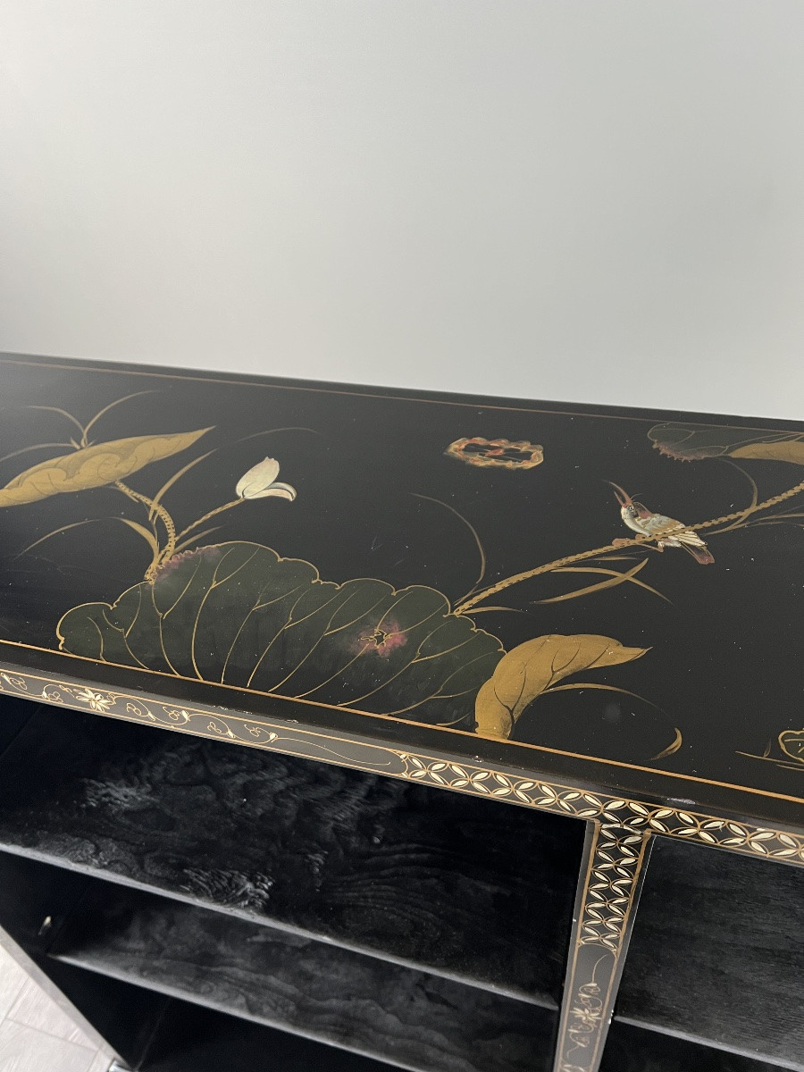 Meuble bar laqué noir à décor asiatique, XXe siècle-photo-1