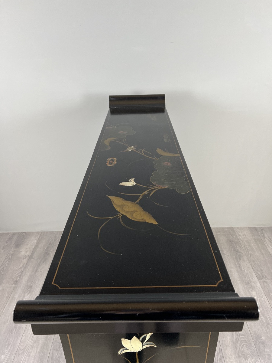 Meuble bar laqué noir à décor asiatique, XXe siècle-photo-8