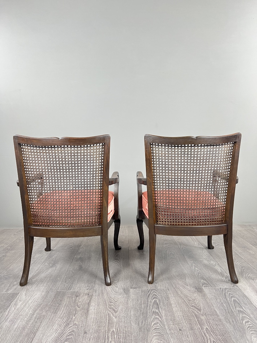 Pair Of Armchairs In Wood And Wickerwork, 20th Century-photo-3