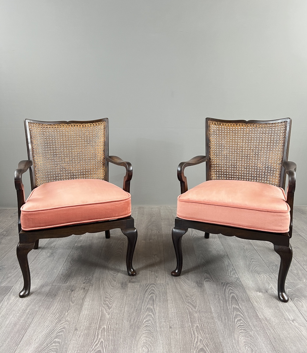 Pair Of Armchairs In Wood And Wickerwork, 20th Century