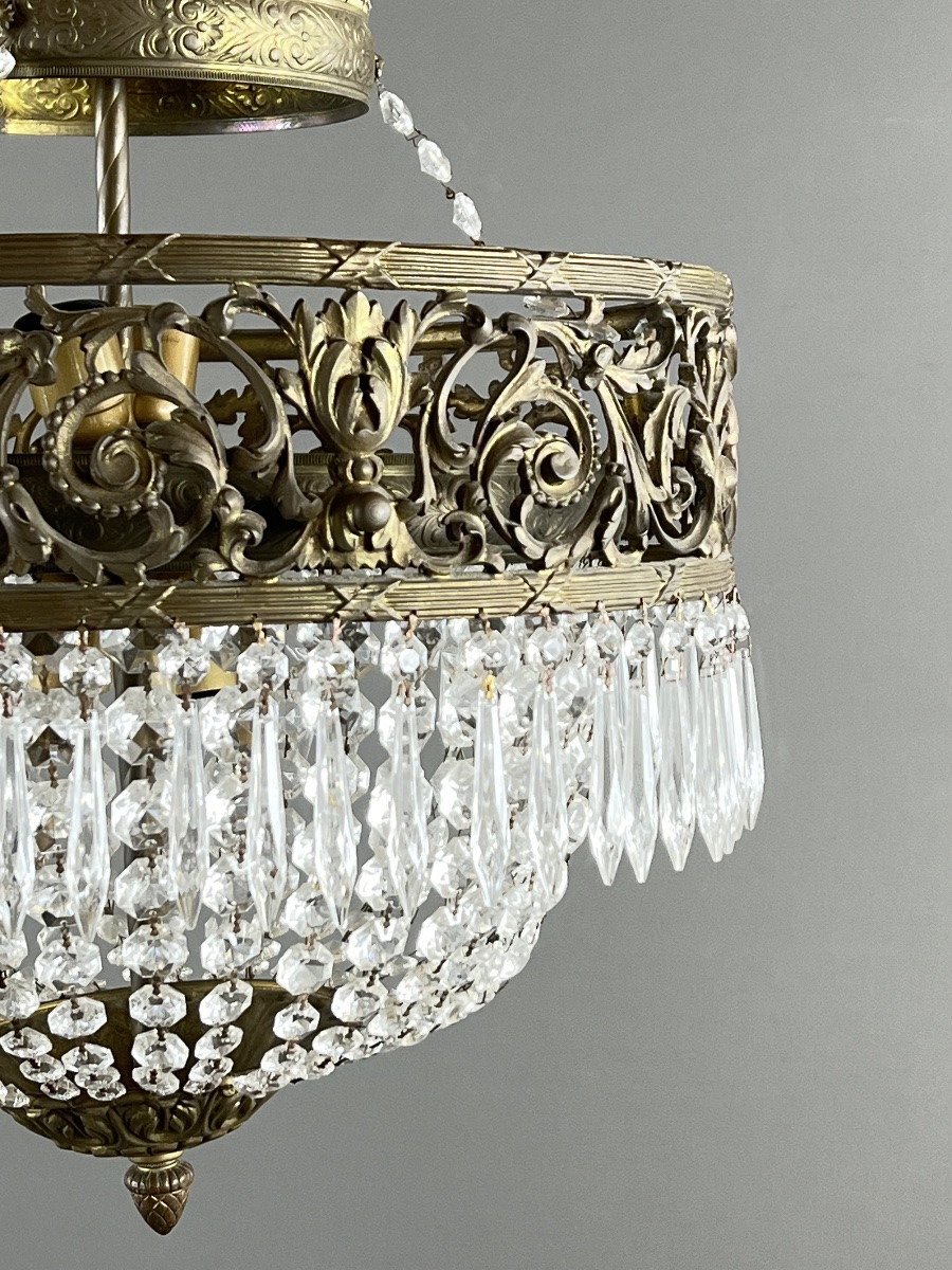 Empire Style Chandelier In Bronze And Crystal Pendants, Early 20th Century-photo-3