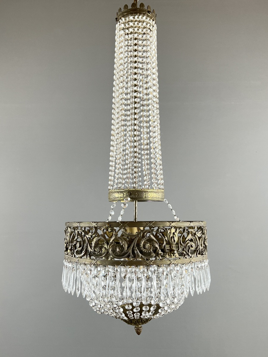 Empire Style Chandelier In Bronze And Crystal Pendants, Early 20th Century-photo-4