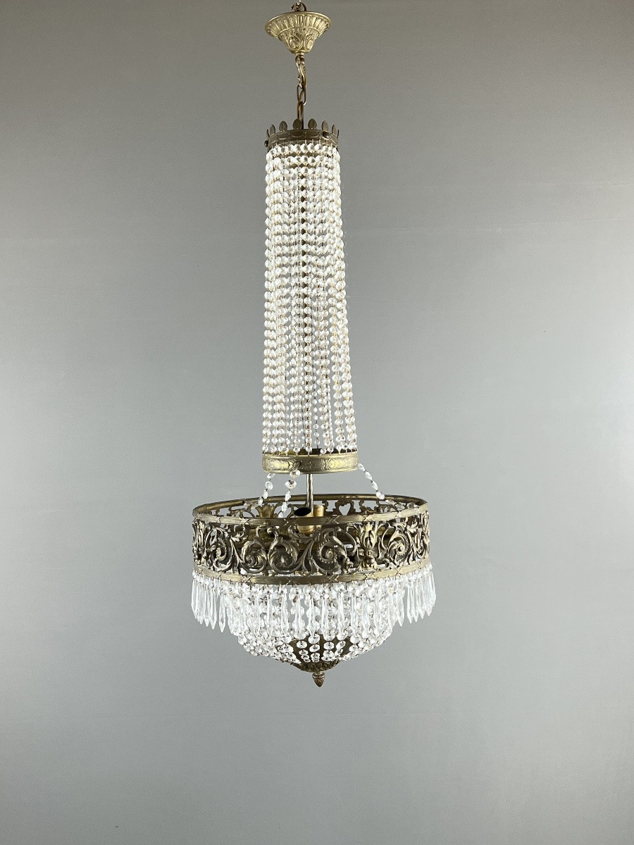 Empire Style Chandelier In Bronze And Crystal Pendants, Early 20th Century-photo-1