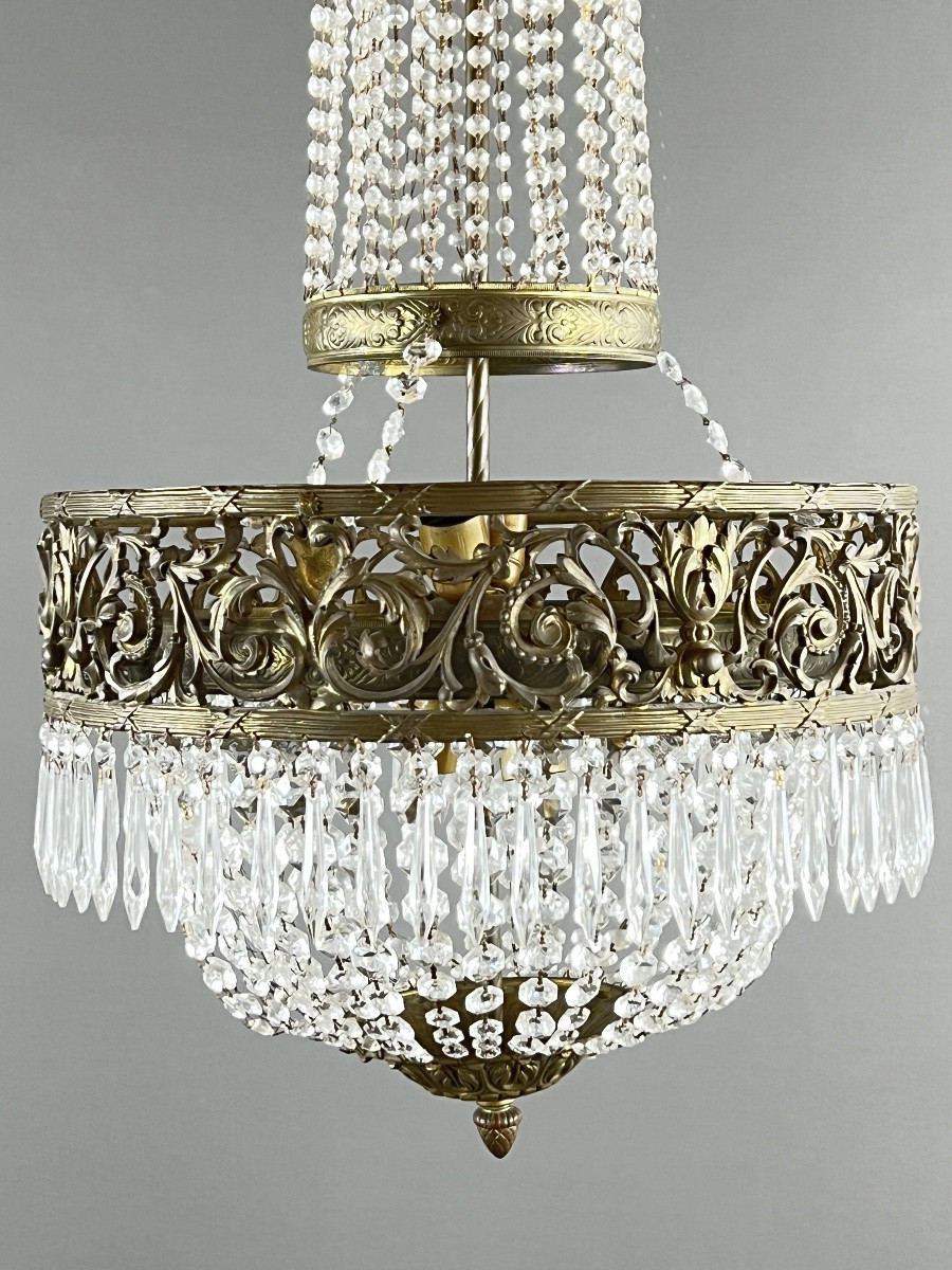 Empire Style Chandelier In Bronze And Crystal Pendants, Early 20th Century-photo-3