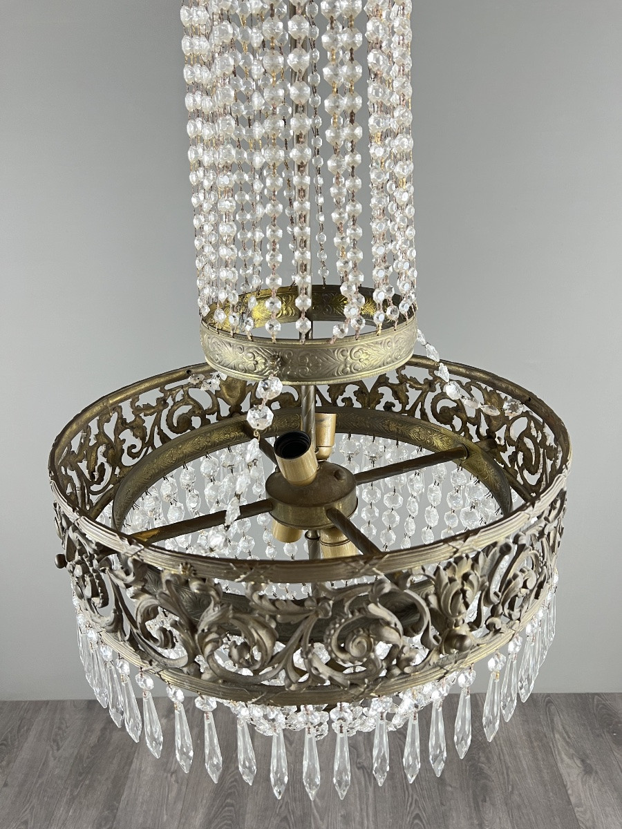 Empire Style Chandelier In Bronze And Crystal Pendants, Early 20th Century-photo-6