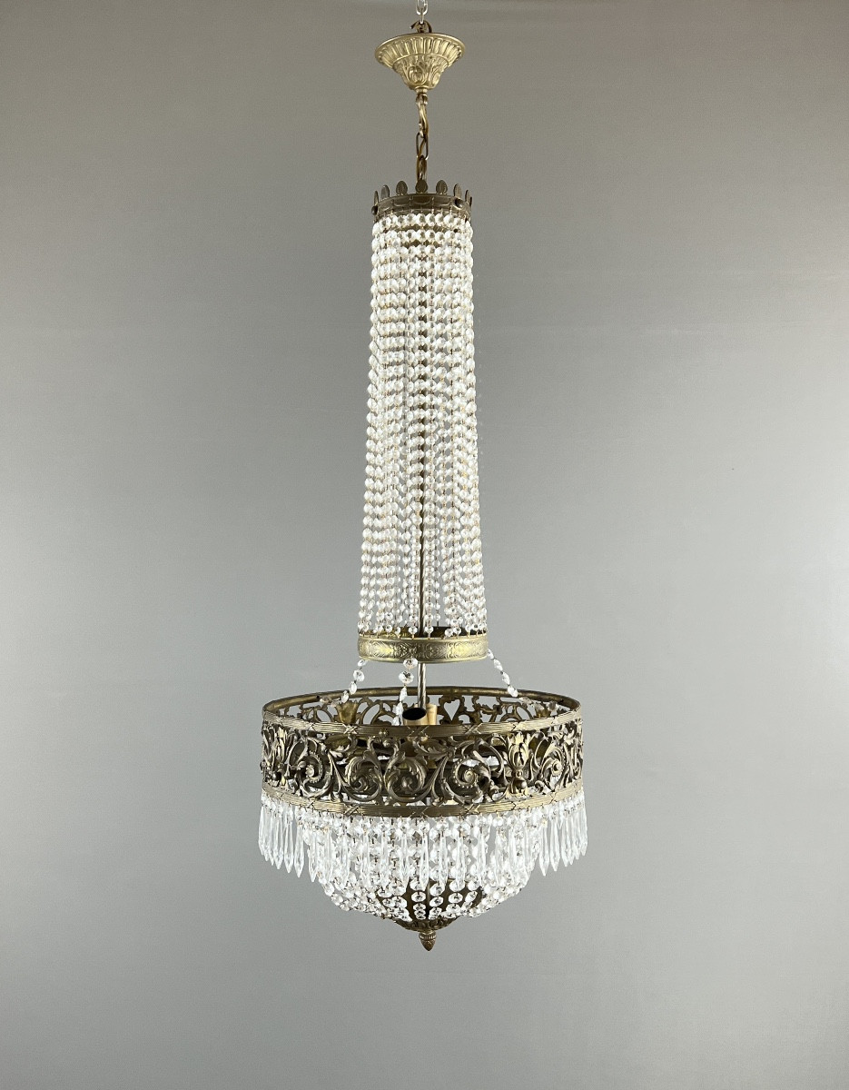Empire Style Chandelier In Bronze And Crystal Pendants, Early 20th Century