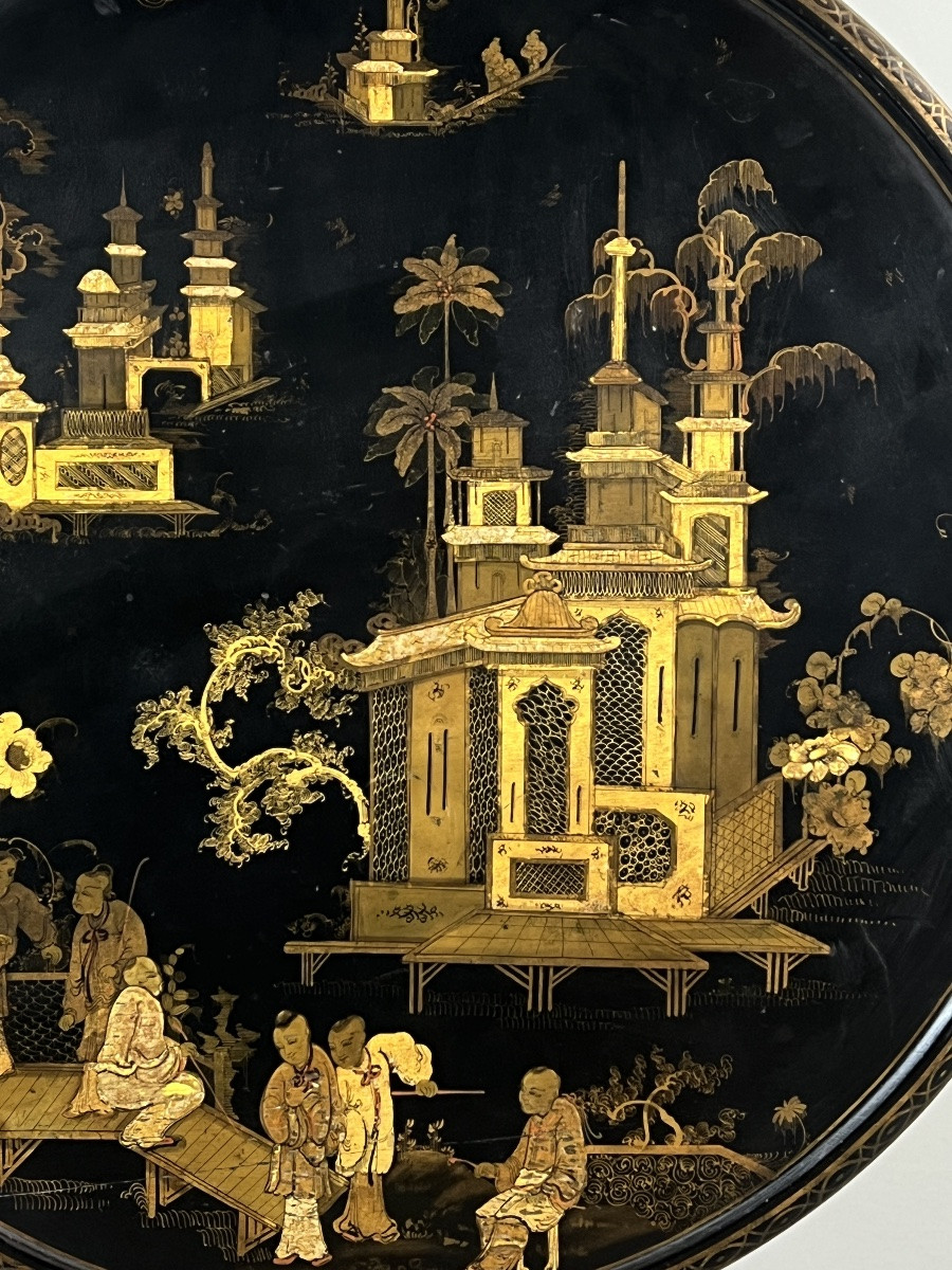 Japanese Folding Table Forming A Pedestal Table In Lacquered Wood And Gilded Decoration, 19th Century-photo-2