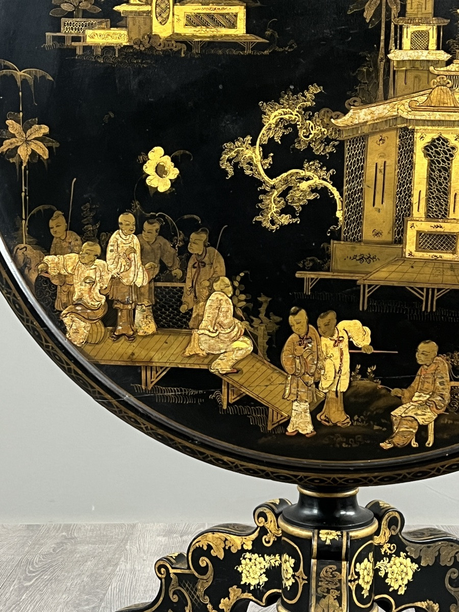 Japanese Folding Table Forming A Pedestal Table In Lacquered Wood And Gilded Decoration, 19th Century-photo-3