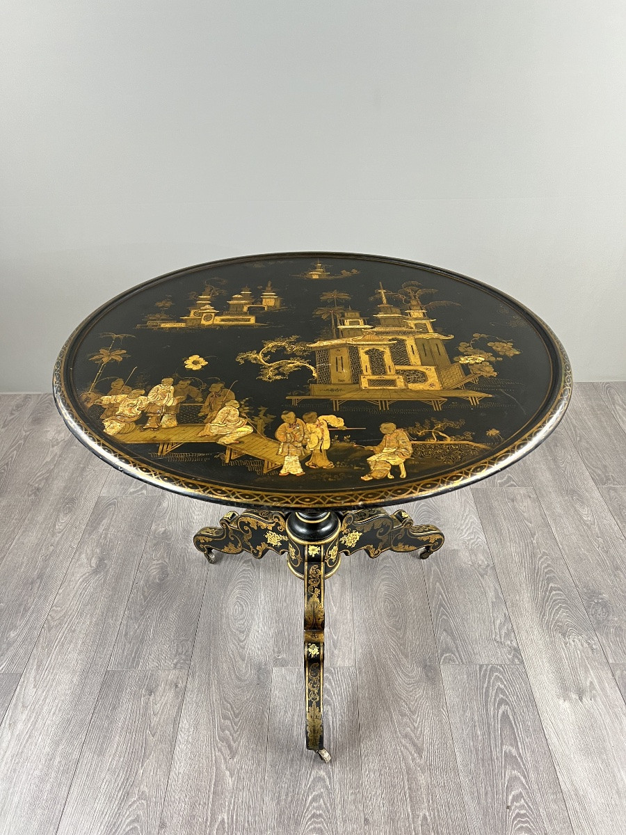 Japanese Folding Table Forming A Pedestal Table In Lacquered Wood And Gilded Decoration, 19th Century-photo-2