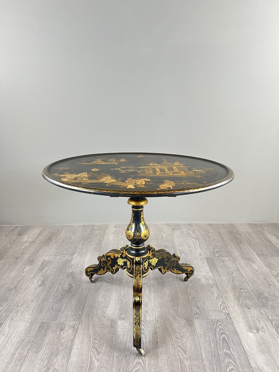 Japanese Folding Table Forming A Pedestal Table In Lacquered Wood And Gilded Decoration, 19th Century-photo-3