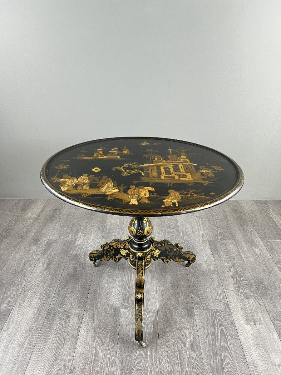 Japanese Folding Table Forming A Pedestal Table In Lacquered Wood And Gilded Decoration, 19th Century-photo-4