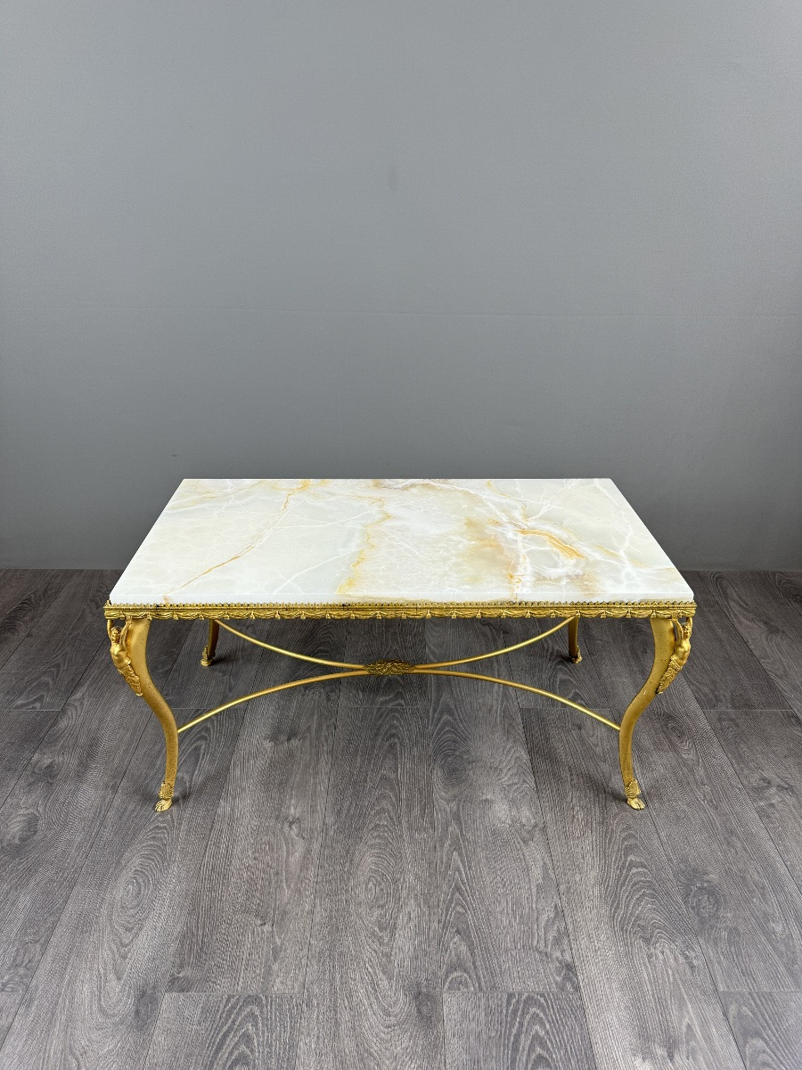 Table basse en laiton doré et marbre, travail décoratif de grande qualité, XXe siècle-photo-4