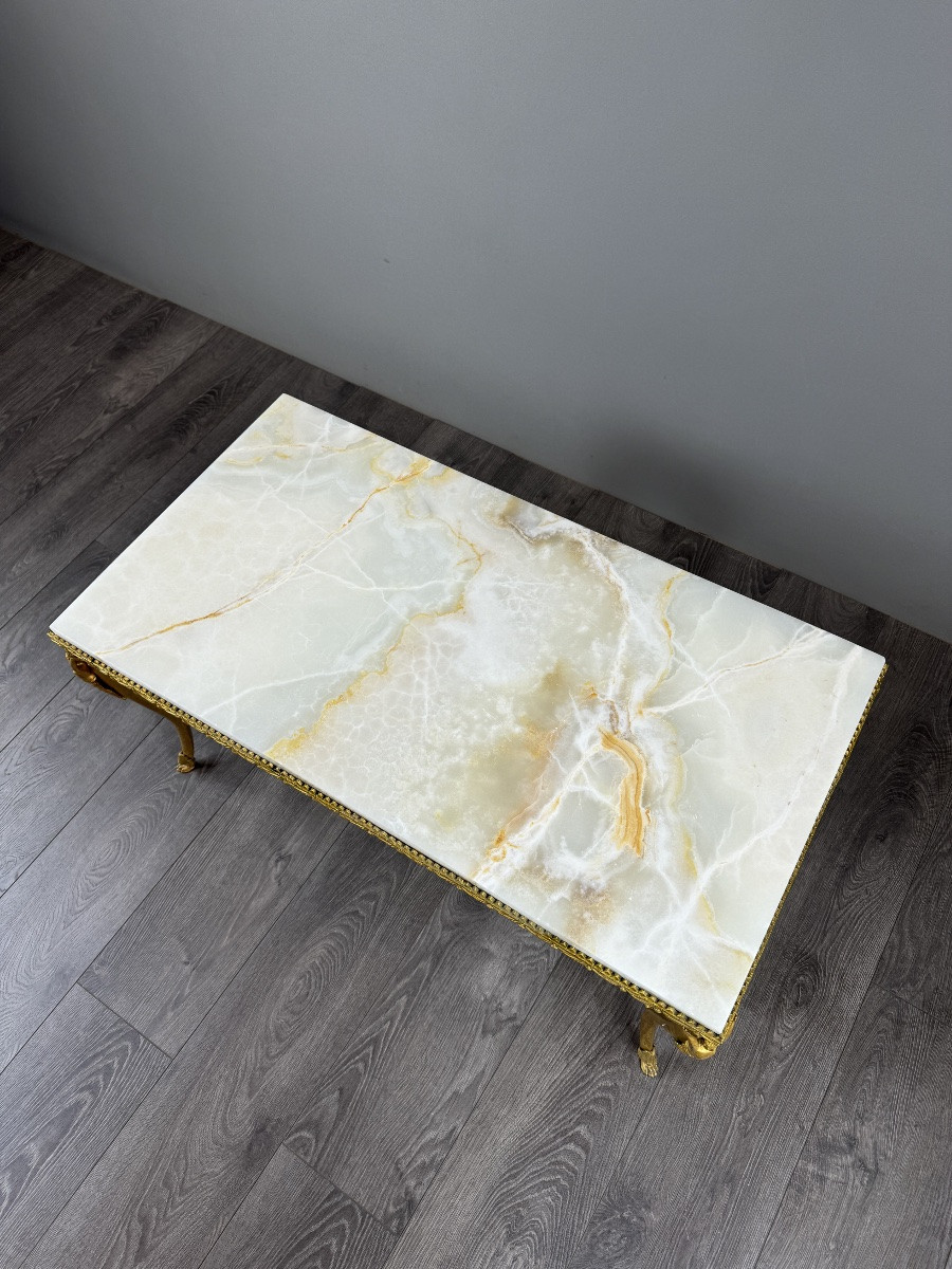 Table basse en laiton doré et marbre, travail décoratif de grande qualité, XXe siècle-photo-1