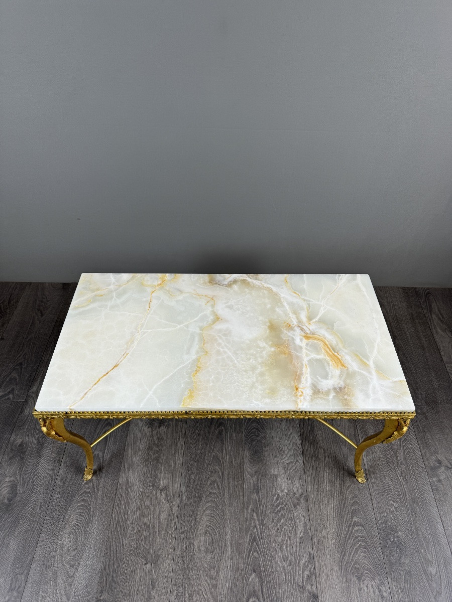 Table basse en laiton doré et marbre, travail décoratif de grande qualité, XXe siècle-photo-3