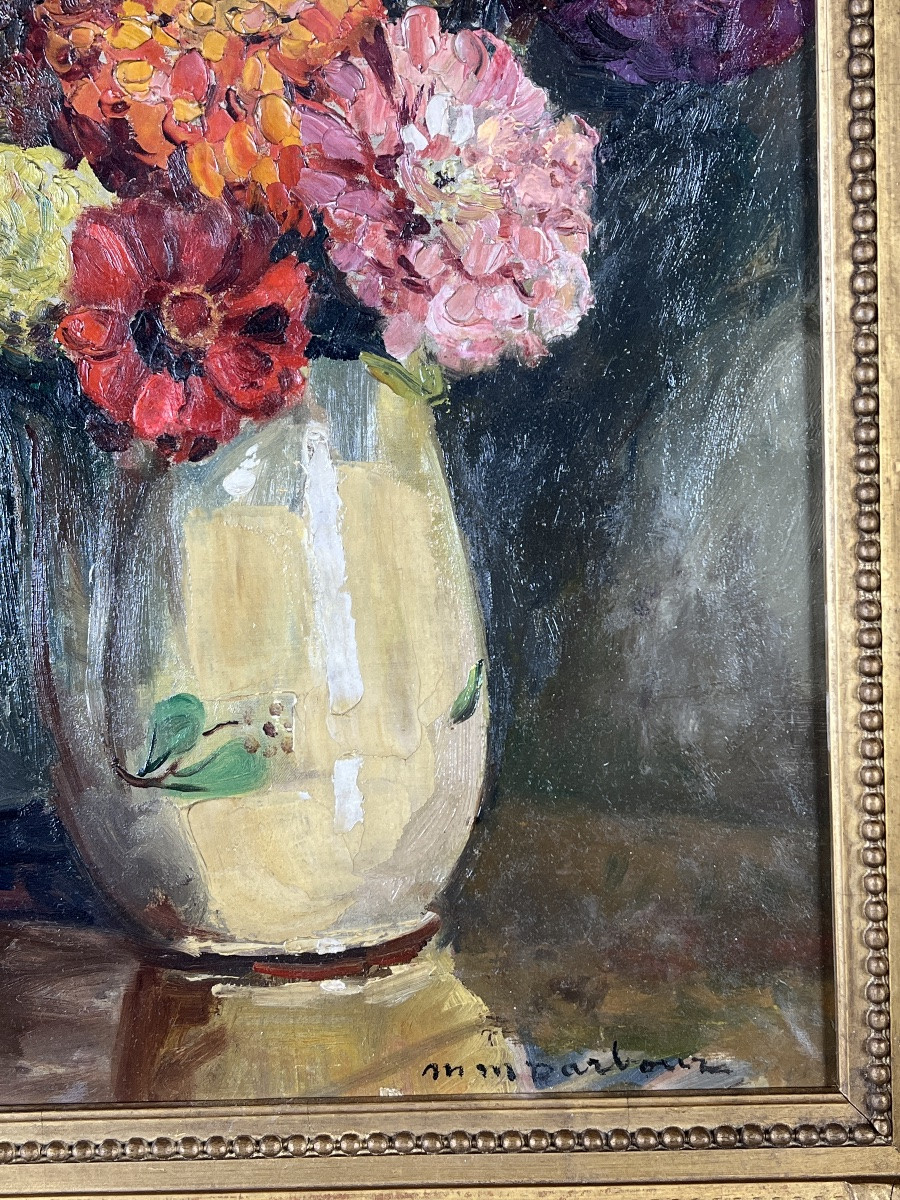 Nature morte au bouquet de fleurs, huile sur toile, école française, XXe siècle-photo-1