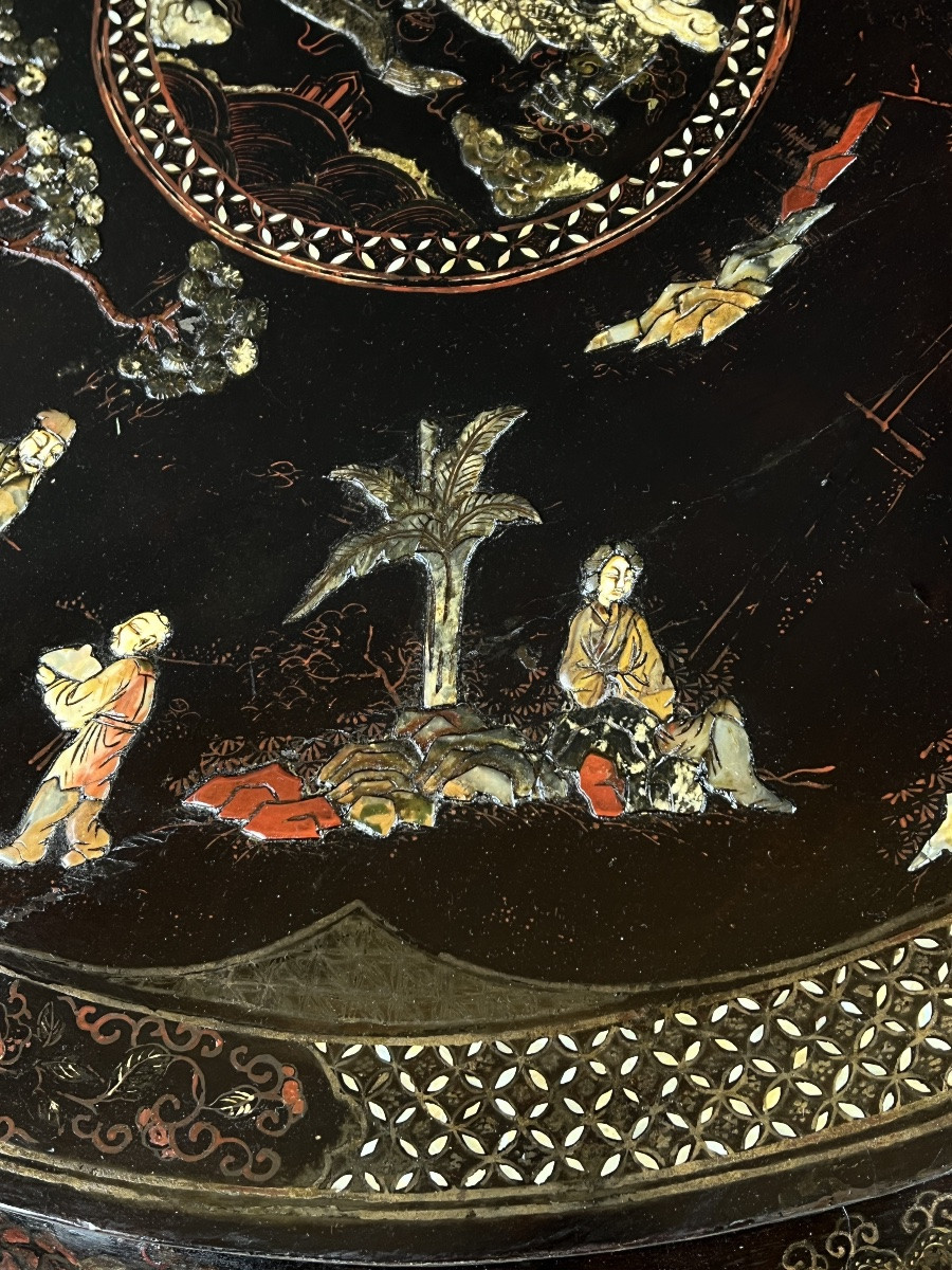 Table basse asiatique en laque, décor incrusté, fin XIXe siècle-photo-4