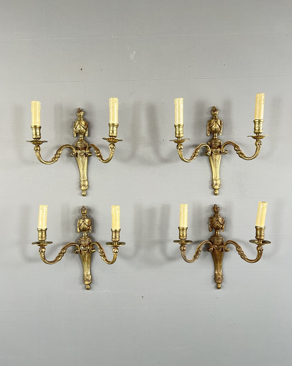 Suite Of Four Bronze Sconces, Louis XVI Style, 20th Century