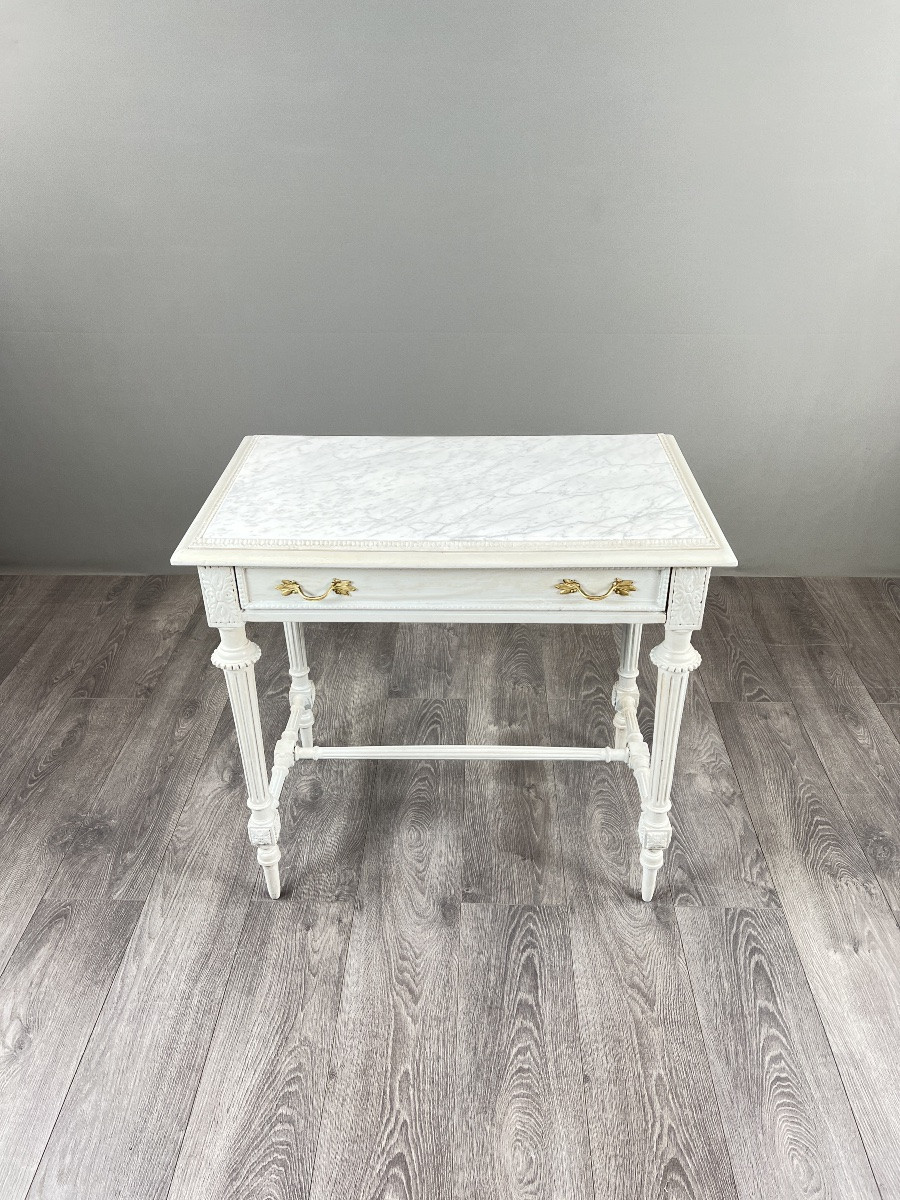 Table de style Louis XVI en bois peint et plateau en marbre, XXe Siècle-photo-3