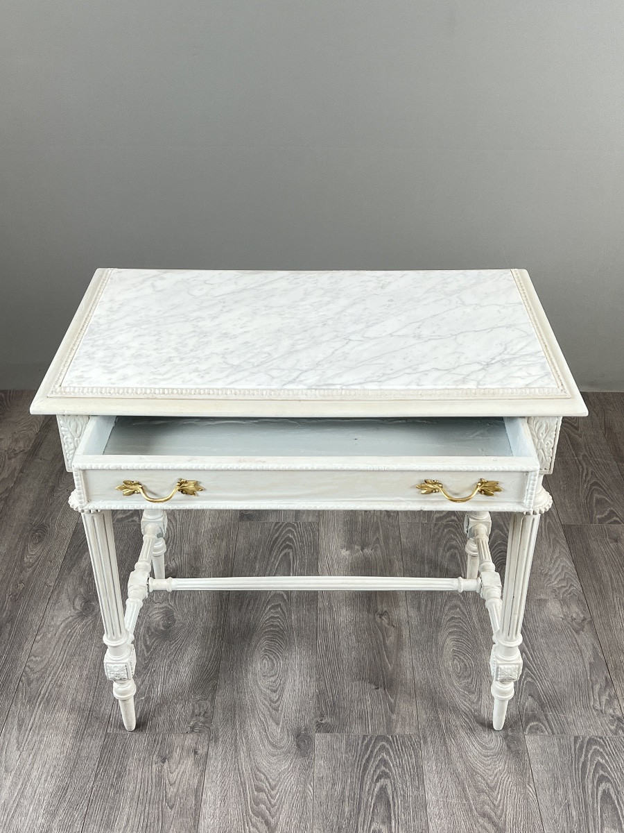 Table de style Louis XVI en bois peint et plateau en marbre, XXe Siècle-photo-4