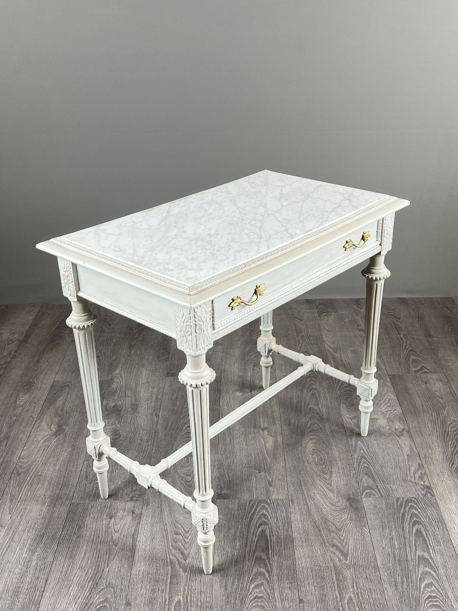 Table de style Louis XVI en bois peint et plateau en marbre, XXe Siècle-photo-2
